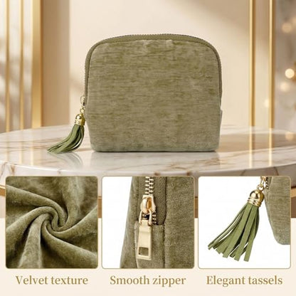 Small Travel Jewelry Case Organizer, Green Soft Velvet Jewelry Pouches With 6 Compartments, Zipper Pouch for Necklace Bracelet Earring Ring Storage Holder, Small Jewelry Bags for Travel Daily Use