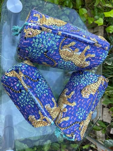 YILLE Set of 3 Pieces Block Printed Travel Organizer Kit Storage Bag for Women Makeup Bag Travel Cosmetic Bag (Blue Cheetah) - color: Blue Cheetah