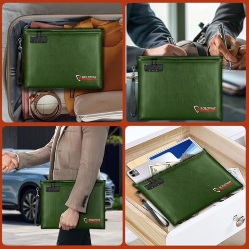 ROLOWAY Fireproof Document Bag (14.5 x 11.5 inch), 6400℉ Fireproof Money Bag with Zipper for Cash, Fire Safe Money Pouch with Lock (Green) - color: Green