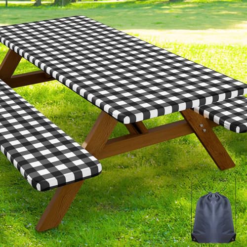Smiry Picnic Table Cover with Bench Covers, Waterproof Elastic Fitted Tablecloths for 24x48 Rectangle Tables, Washable Buffalo Plaid Tablecloth for Camping, Outdoor (Black & White, 24" x 48") - color: Black and White, size: 24" x 48"