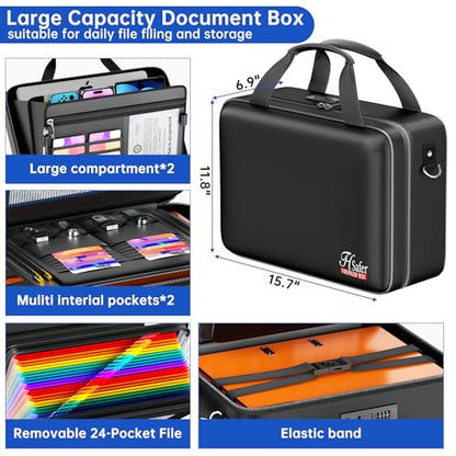 5200℉ Fireproof Document Box with lock, Hard-Shell Case File Organizer with 24 Pocket Accordion File Folder, Portable Safe Box with Shoulder Strap for Home Important Documents Laptop Black