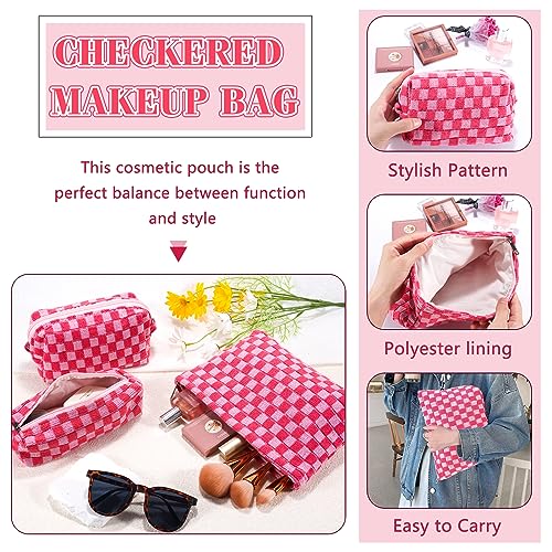 ZLFSRQ 3Pcs Makeup Bag Checkered Cosmetic Bag Set Travel Toiletry Bags for Purse Large Small Makeup Pouch for Women Cute Preppy Pencil Pouch Case Pink Zipper Skincare Bags - color: B-Checkered 3Pcs Mix Pink
