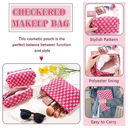ZLFSRQ 3Pcs Makeup Bag Checkered Cosmetic Bag Set Travel Toiletry Bags for Purse Large Small Makeup Pouch for Women Cute Preppy Pencil Pouch Case Pink Zipper Skincare Bags - color: B-Checkered 3Pcs Mix Pink