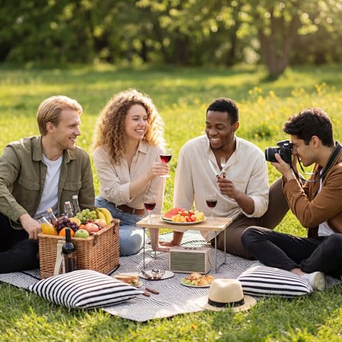 Sawysine Wicker Picnic Basket with Throw Pillow Set for 4, Multifunctional Hamper Gift Set with Blanket, Bamboo Wine Snack Table & Tablewares, Portable Outdoor Combo for Camping, Party & Gifting