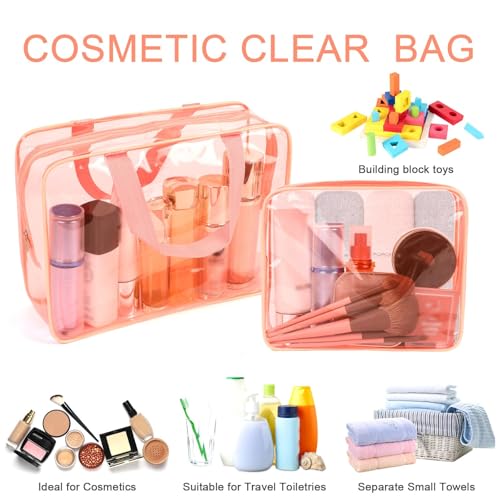 APREUTY Clear Makeup Bags, TSA Approved 6 Pcs Cosmetic Makeup Bags Set Clear PVC with Zipper Handle Portable Travel Luggage Pouch Airport Airline Vacation Organization (Peach) - color: Peach-6PCS (Large+Medium+Small)