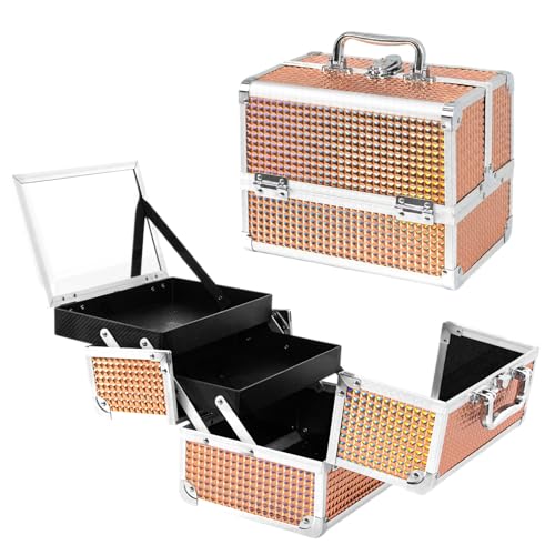 Makeup Train Case, Large Makeup Case with Mirror and Lock, Portable Makeup Box Organizer, 2 Trays Make Up Storage for Travel, Vanity, Cosmetics, Rose Gold