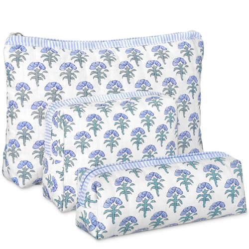 Meanplan 3 Pcs Blue Block Print Quilted Makeup Bag for Women Last Toast on The Coast Quilted Cosmetic Bag Bachelorette Favors Cornflower Coquette Floral Toiletry Pouch Travel Organizer