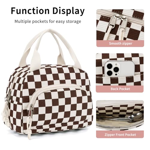 Lunch Bag Women Lunch Box for Women Adult Cute Insulated Lunch Bag Small Cooler Lunch Tote Bags for Work Picnic School (Coffee-White Plaid) - color: Coffee-White Plaid