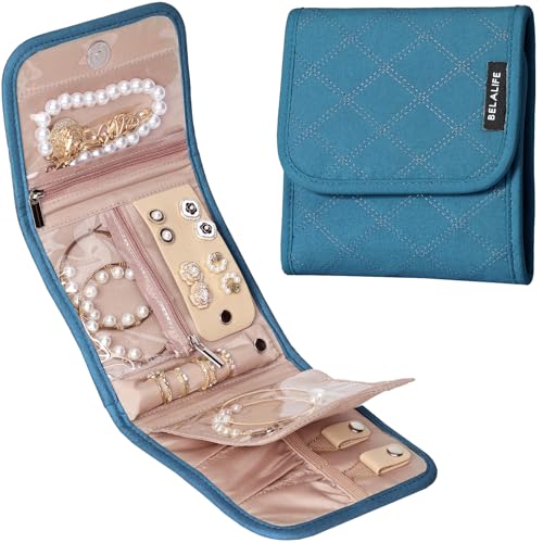 BELALIFE Travel Jewelry Case Organizer, Small Foldable Storage Roll for Earrings, Necklaces, Rings, Bracelets, Brooches, Lake-Blue - color: Lake-Blue, size: Small
