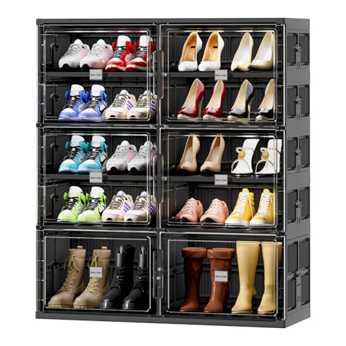 JEKO&JEKO 5 Tiers Foldable Boot Storage Shoe Rack Cabinet for Closet Entryway, Large Collapsible Shoe Organizer with Magnetic Doors (Black) - color: Double-row, size: 5 Tiers