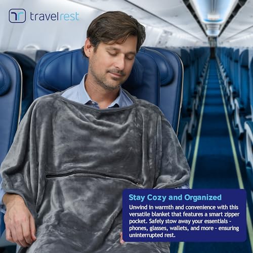 travelrest 4-in-1 Travel Blanket – Wearable Blanket, Pillow & Body Wrap, Lightweight, Compact & Cozy with Carry Case, Travel Friendly, Comfort, Ideal for Airplanes, Long Flights, Road Trips - Grey