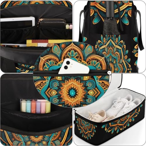 Travel Duffle Bags With Shoes Compartment for Women Men Mandala Flower Ethnic Boho Lightweigh Sports Tote Gym Bag Foldable Canvas Weekender Overnight Carry On Luggage Handle Bag - color: A06:print 1
