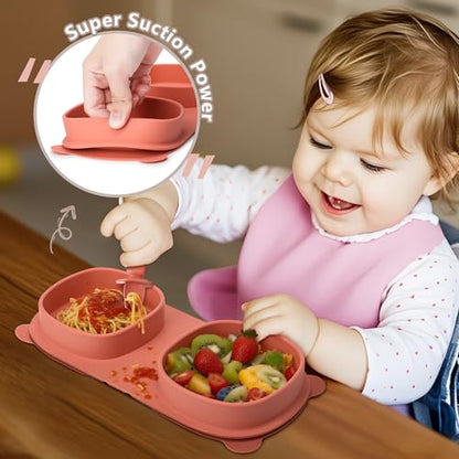 Baby Plates with Suction with Forks and Spoons, Foldable Silicone Toddler Plates, Baby Travel Essential, Microwave & Dishwasher Safe, Watermelon - color: Watermelon, style: Suction