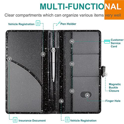 RSAquar Car Registration and Insurance Holder, Vehicle Glove Box Organizer Cool Car Accessories, Auto Truck Document Holder for Cards, Driver License, Black Glitter - color: AAA Glitter Black