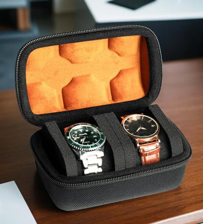 2 slots watch case for travel and storage, hard Watch Roll Organizer holder for Men and Women with microfiber lining - size: 2 slots