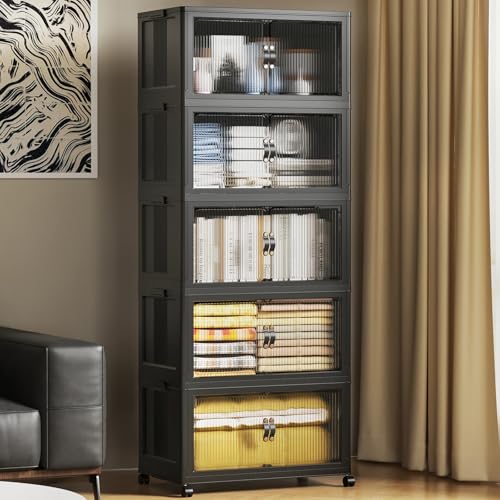 SAILUN 81Gal/325Qt Stackable Storage Bins Folding Collapsible Storage Bins with Lid, Closet Organizers and Storage Box with Door Black 22" W x 13" D x 62" H - color: Black, size: 1 Lid 5 Pack-22" W x 13" D x 62" H