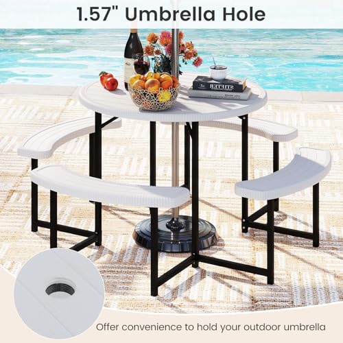 Tangkula 8 Person Picnic Table, HDPE Outdoor Round Table and Bench Set with 4 Built-in Benches, Umbrella Hole, Metal Frame for Garden Yard Patio Lawn - color: White