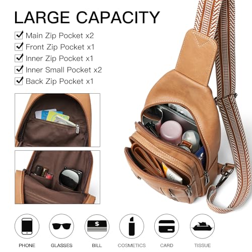 LATMAP 7L Sling Bag for Women Men Leather Small Sling Backpack Daypack Anti Theft Fanny Pack Crossbody Purse Travel - color: Regular Size-tan