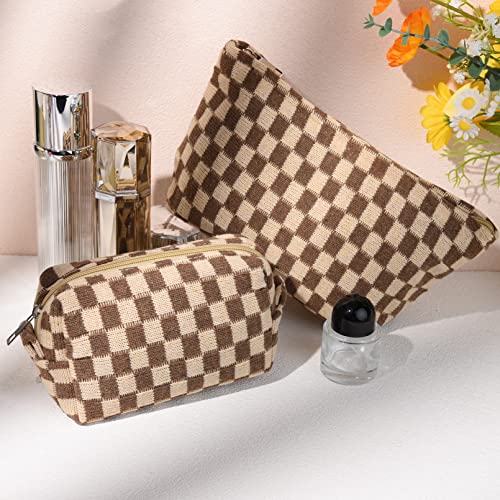 SOIDRAM 2 Pieces Makeup Bag Large Checkered Cosmetic Bag Capacity Canvas Mix Travel Toiletry Bag Organizer Cute Makeup Brushes Aesthetic Accessories Storage Bag for Women, Checkered Mix Brown - color: Brown