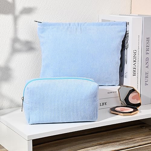 SOIDRAM 2 Pieces Makeup Bag Large Corduroy Cosmetic Bag Capacity Canvas Mix Travel Toiletry Bag Organizer Cute Makeup Brushes Aesthetic Accessories Storage Bag for Women, Corduroy Mix Blue - color: Corduroy Blue