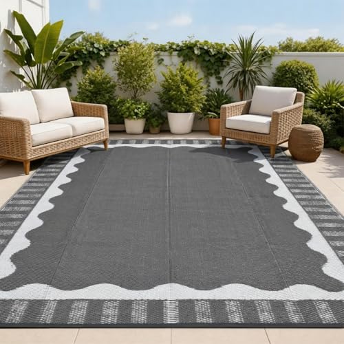 Garvee Large Scalloped Outdoor Rug 8x10 Patio Rugs Outdoor Waterproof, Reversible Plastic Straw Camping Rug, Modern Bordered Outside Mats for Picnic Backyard Deck Balcony Beach Trailer, Grey - color: Bordered|grey, size: 8' x 10' (Rectangular)