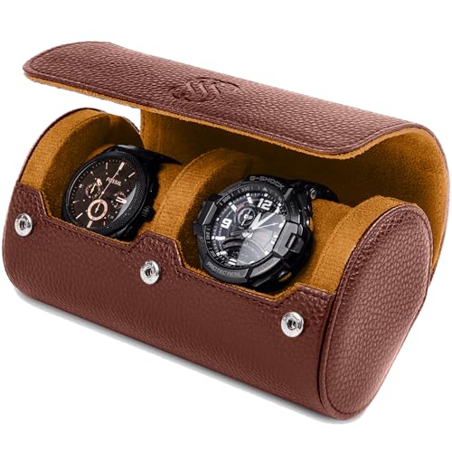 2 Watch Travel Case for Men – Leather Roll Organizer & Storage Box, Fits Watches up to 55mm | Removable Cushions | Gift Ready (Brown/Caramel) - color: Brown & Caramel