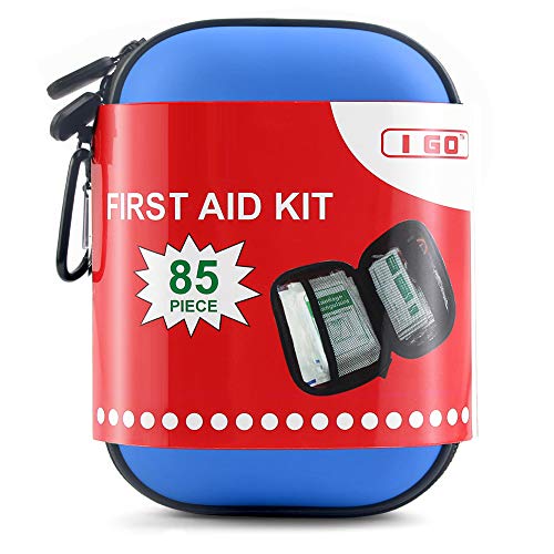 I GO 85 Pieces Hard Shell Mini Compact First Aid Kit, Small Personal Emergency Survival Kit for Travel Hiking Camping Backpacking Hunting Marine Car - color: Blue