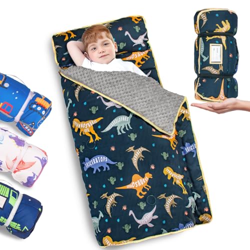 Primlect Thickened Toddler Nap Mat with Removable Pillow and Minky Blanket, Extra Large 55''x35'' Sleeping Bag, Washable, Roll up, Perfect for Daycare, Preschool, Kindergarten, Boys and Girls Dinosaur - color: Dinosaur Upgraded
