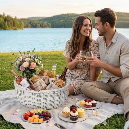 Wicker Picnic Basket with Insulated Lined Bag 15“ x 11” x 7“ Red, White Star Stripe Pattern, Iced Beer Insulated Bag for Camping, Picnics, Birthday Gifts, Wedding Gifts - color: Red and White Star Stripes