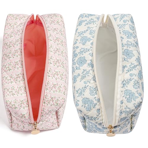 Makeup Travel Cosmetic Bag, Two Pack: Pink+Blue Floral, Zipper Closure, Durable Polyester, Perfect for Toiletry, Makeup, Travel - color: Two Pack: (Pink+Blue Floral)
