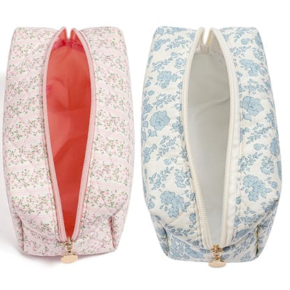 Makeup Travel Cosmetic Bag, Two Pack: Pink+Blue Floral, Zipper Closure, Durable Polyester, Perfect for Toiletry, Makeup, Travel - color: Two Pack: (Pink+Blue Floral)
