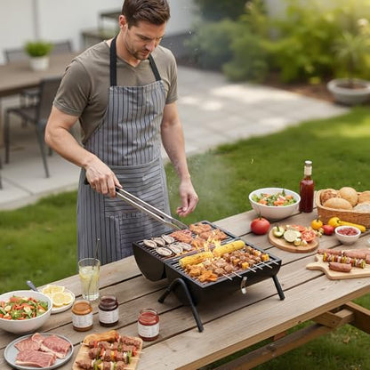 VINGLI Portable Double Sides Charcoal Grill, Wooden Handle,Storage Bag, Multi-functional Metal Compact Tabletop BBQ Outdoor Charcoal Grill for Camping Travel Picnic Patio - style: Double-Sides
