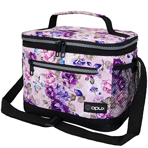 opux Insulated Lunch Box Men Women, Lunch Bag for Work School, Leakproof Soft Cooler Tote Adult, Large Lunch Pail Kids Boys Girls, Picnic Beach Food Bag with Shoulder Strap, Purple Floral - color: Purple Flowers, size: Medium