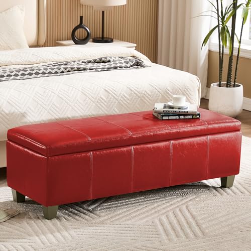 WUTUTUEE 51" Faux Leather Storage Ottoman, Stitch Tufted Rectangle Upholstered End of Bed Storage Bench, Entryway Large Couch Ottoman with Wooden Legs,Red - color: Red, size: 51 Inch
