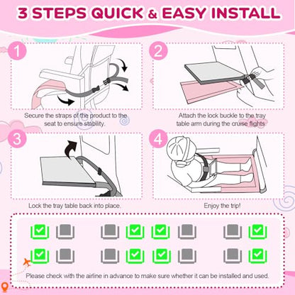 omzer Toddler Airplane Bed - Airplane Seat Extender for Kids - Barrier Designed Flyaway Kids Bed Airplane with Pockets - Portable Plane Bed Foot Rest for Flights Travel Essentials Pink - color: Pink