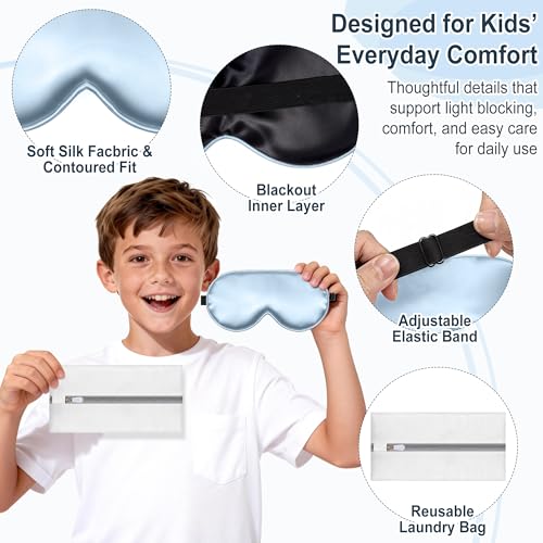 Kids Sleep Mask, Kids Eye Mask for Boys Girls, Kid Silk Eye Masks with Adjustable Strap for Sleeping, 100% Light-Blocking Sleep Eye Cover, Includes Protective Laundry Bag (Blue) - color: Blue