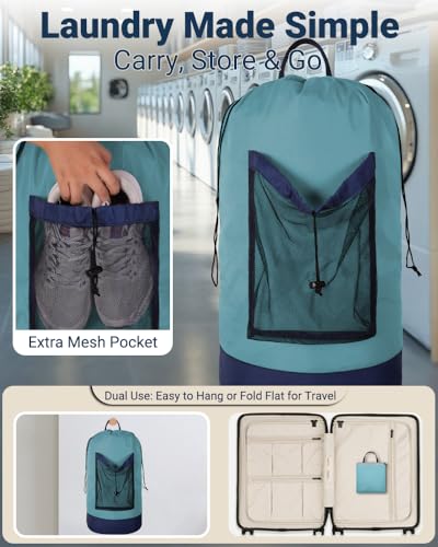 Laundry Bag with Shoulder Straps and Mesh Pocket Laundry Backpack Large Portable Laundry Hamper for College Laundromat Apartment - color: Lake Blue & Dark Blue