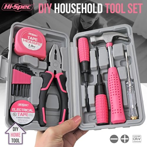Hi-Spec Mini Tool Kit: Pink Basic Tool Box for College/Dorm, Home & Office DIY. Household Basic Repairs in a Portable Case - color: Pale Pink