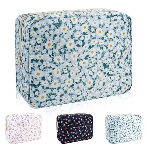 Waterproof Nylon Large Makeup Bag Travel Pouch, Floral Preppy Big Cosmetic Bag Make Up Organizer Toiletry Bag with Zipper, Large Capacity Cute Zipper Pouch Storage Bag for Women Girls(Green Daisy) - color: Green-Daisy, size: Large