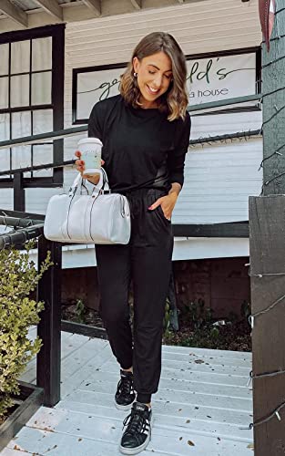 PRETTYGARDEN Women Fall 2 Piece Lounge Outfit Long Sleeve Tops High Waisted Jogger Pants Set Spring Travel Clothes Tracksuit - color: Black, size: Small