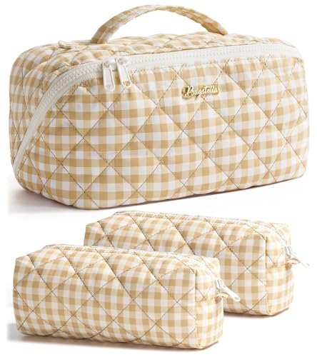 Travel Makeup Bag, 3 Pcs Large Capacity Puffy Toiletry Bag for Women, Open Flat Make up Cosmetic Organizer w/Handle & Clear Divider Water-resistant Portable Pouch Travel Essentials, L-Beige Plaid - color: Beige Plaid, size: large