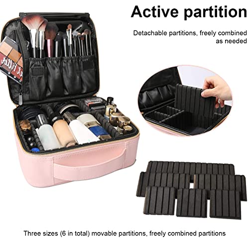 Travel Makeup Case, PU Leather Portable Organizer Makeup Train Case Makeup Bag Cosmetic Case with Adjustable Dividers for Cosmetics Makeup Brushes Women (Pink) - color: Pink