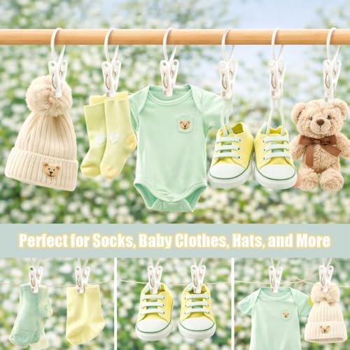Baby Clothes Pins Pants Hangers Clip, Multi-Purpose Laundry Hooks Hanging Clips Bulk with Plastic Rope for Closet Organizer Hat Sock Bra Bathroom Wardrobe Kitchen Towel Travel Clothing Drying 60Pack