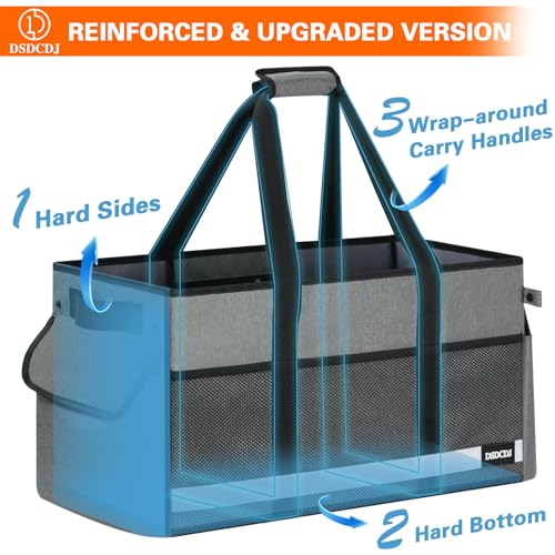 Upgrade Extra Large Utility Tote Bag with Reflective Strip, Standing Reusable Grocery Bags with Hard Bottom & 4 Sided Reinforced, Collapsible Utility Tote with Handles for Beach, Picnics, Car - color: Grey