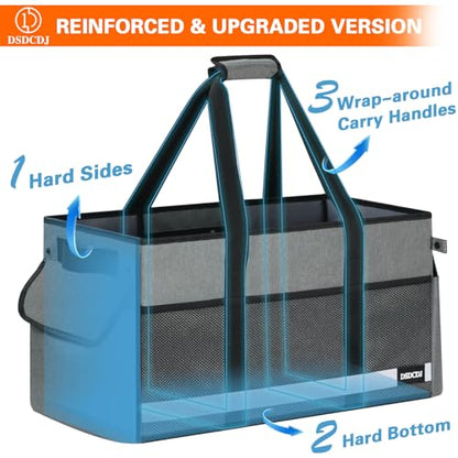 Upgrade Extra Large Utility Tote Bag with Reflective Strip, Standing Reusable Grocery Bags with Hard Bottom & 4 Sided Reinforced, Collapsible Utility Tote with Handles for Beach, Picnics, Car - color: Grey