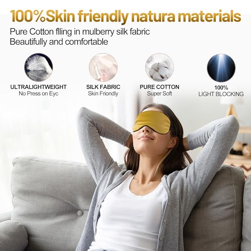 Sleep Mask, Silk Eye Mask for Sleeping with Adjustable Strap, Blindfold Eyeshade for Men & Women, Comfortable & Soft Eye Cover Eyeshade for Night Sleep (Gold) - color: Gold