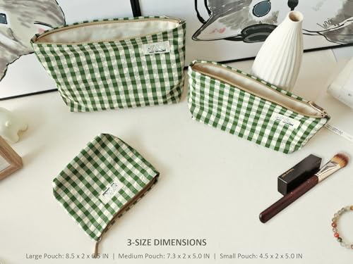HAPPYHEIDI Large Cute Green Checker Makeup Bag with Compartment Cosmetic Travel Pouch, Nylon Fabric, Purse Organizer, Canvas Lined, Beige Plaid - color: 001 SX427 Green Gingham Canvas