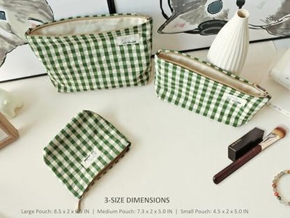 HAPPYHEIDI Large Cute Green Checker Makeup Bag with Compartment Cosmetic Travel Pouch, Nylon Fabric, Purse Organizer, Canvas Lined, Beige Plaid - color: 001 SX427 Green Gingham Canvas