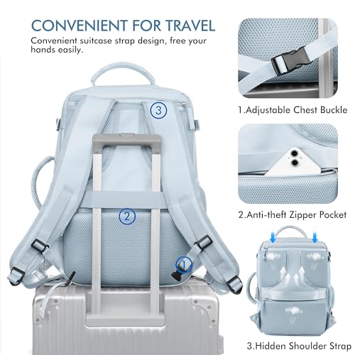 Beraliy 29L Travel Backpack Women, Airline Approved Backpack, Carry On luggage, 17.3 inch Laptop Backpack, Waterproof Business Hiking Weekend Bag, Light-blue - color: Light-blue, size: X-Large