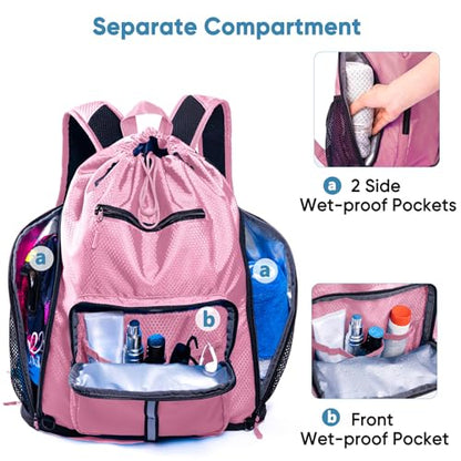 Large Beach Backpack Waterproof Sandproof - Customized Oversized Drawstring Pool Bag with Shoe Compartment for Toiletries, Towels, Gym, Travel - color: Light Pink